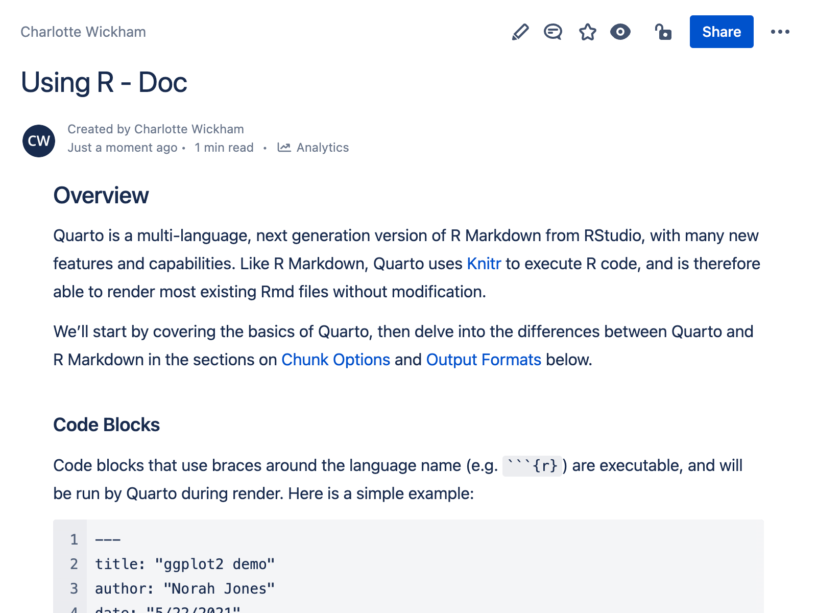 A screenshot of a document with the title Using R - Doc in a Confluence Space.