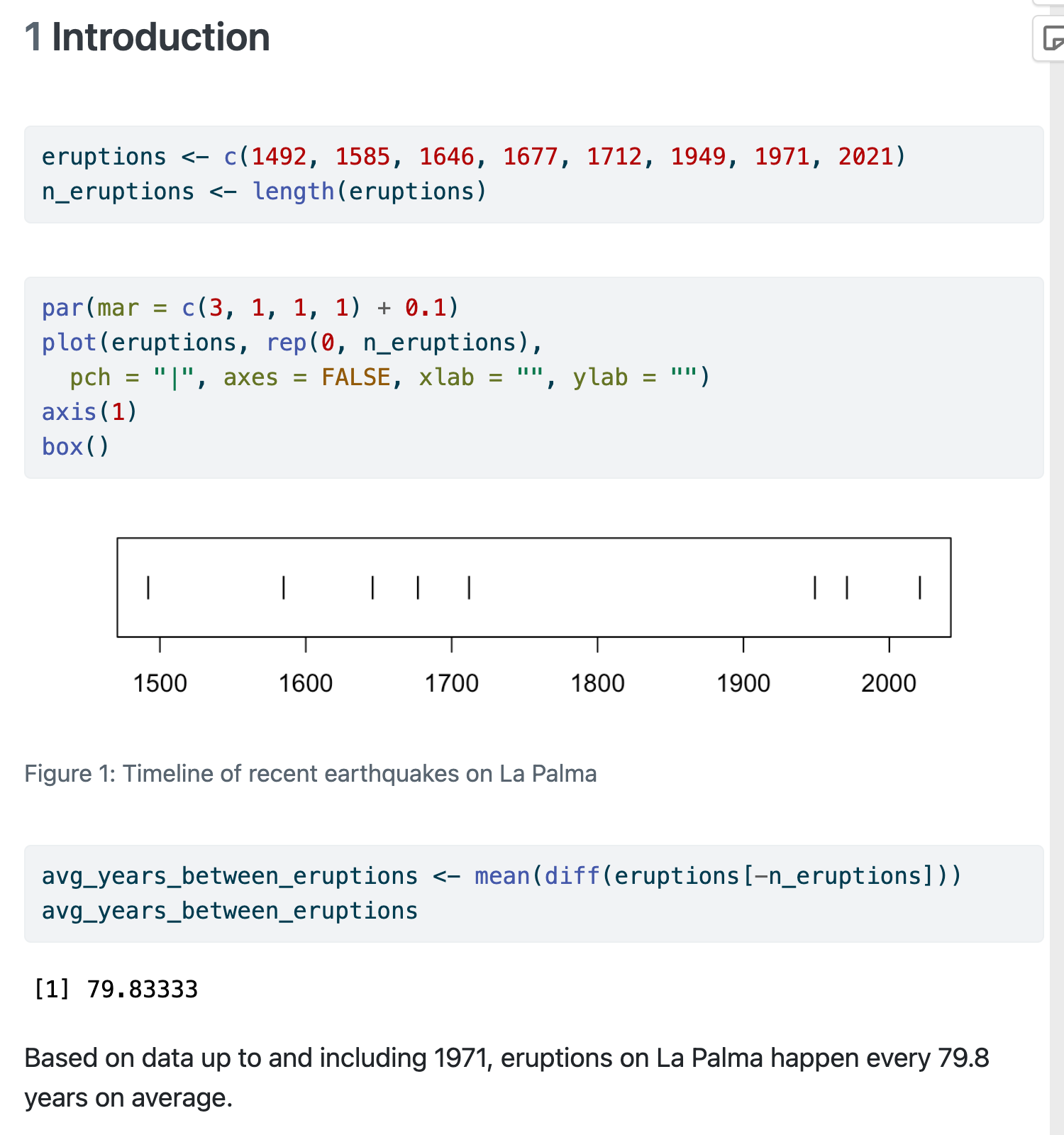 Screenshot of the Article Notebook with a section starting with 'Let x denote'. Code is visible in two blocks. The first block starts 'eruptions <-'