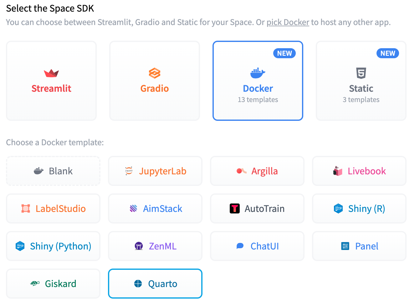 Screenshot of Hugging Face UI for selecting the space SDK and template. The Docker SDK and Quarto template are highlighted.