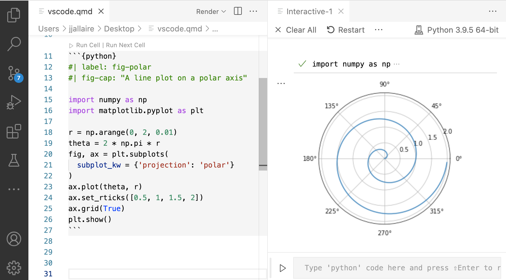 VS Code with two panes open, vscode.qmd source code on the right, and the interactive output of that code shown in a second pane on the left.