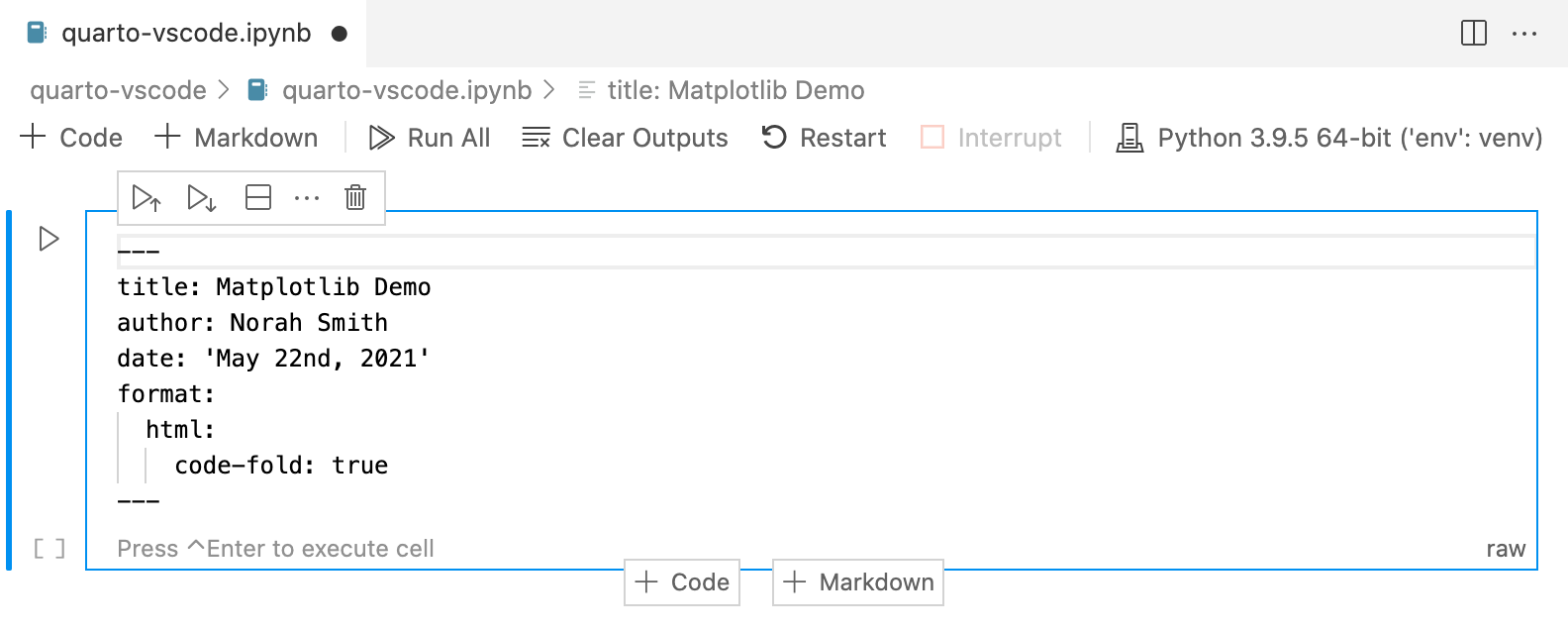 The top section of an ipynb file open in VSCode. There is a Raw cell containing yaml front matter.