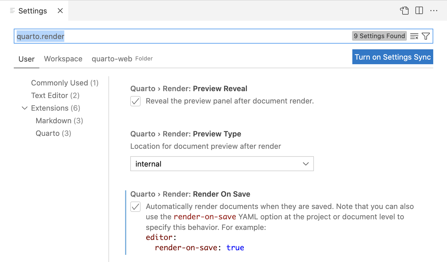 The Visual Studio Code Quarto render settings. The Render on Save option is checked.